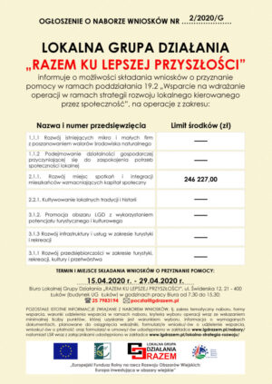 Miniaturka artykułu Informacja Lokalnej Grupy Działania „Razem Ku Lepszej Przyszłości” w Łukowie o naborze wniosków nr 2/2020/G
